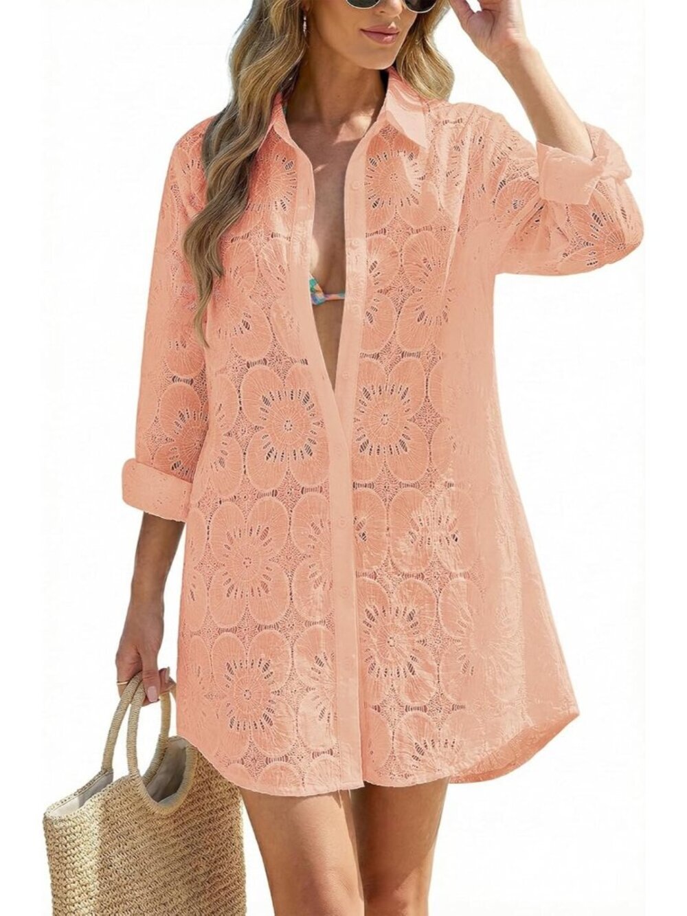 Women's Light Pink Blouse Eyelet Bathing Suit Button Down Swimsuit Cover Up
